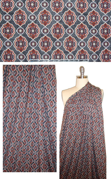 Italian digital rayon/lycra knit - gray/paprika medallion 1.66 yds