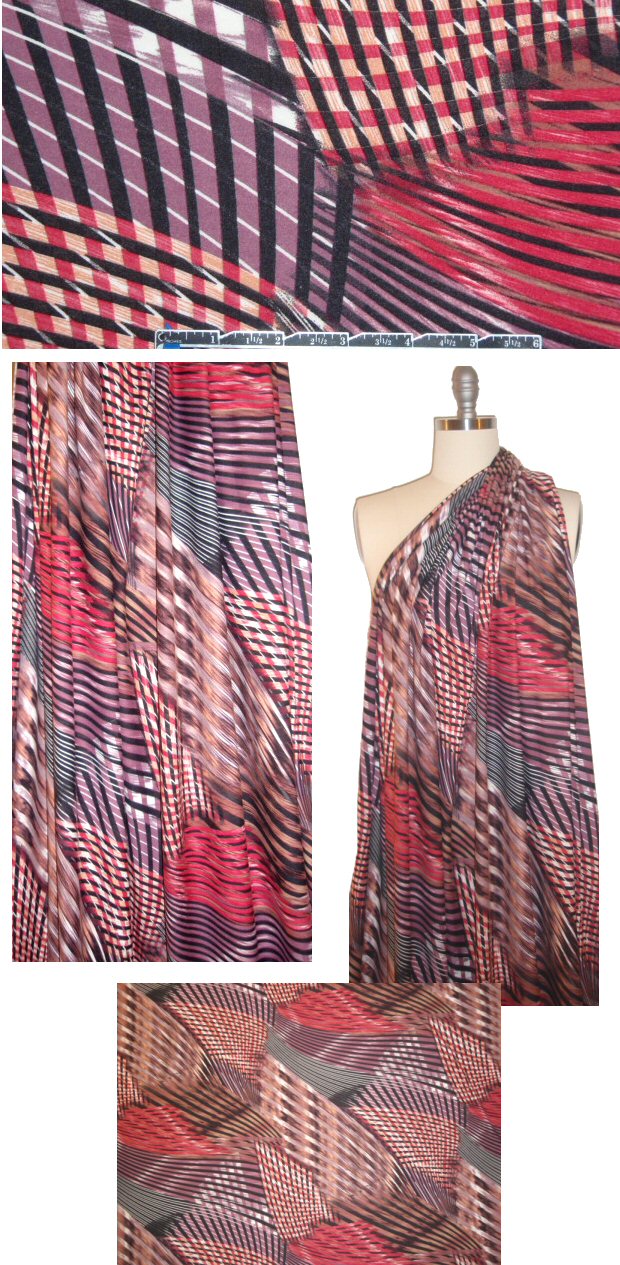Italian plum/rouge linear montage poly/lycra knit