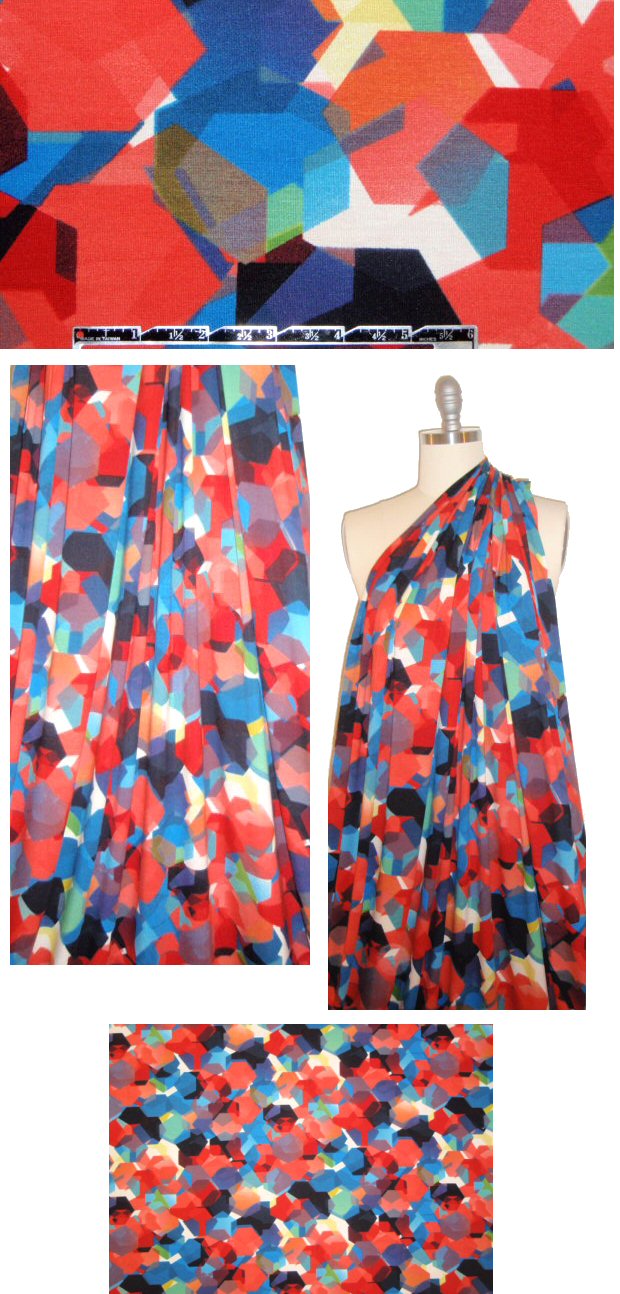 Italian hexagon collage viscose/lycra knit - red/blue