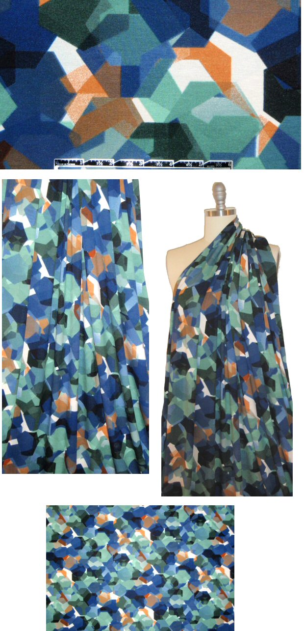 Italian hexagon collage viscose/lycra knit - blue/rust