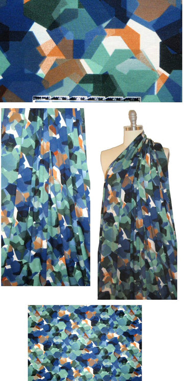 Italian hexagon collage viscose/lycra knit - blue/rust