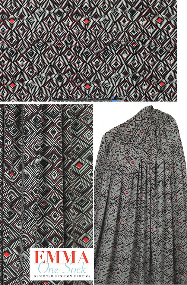 Italian digital viscose/elas knit - black/red diamonds 1.66 yd
