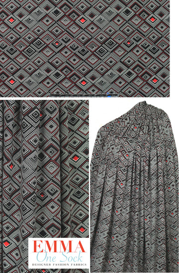 Italian digital viscose/elas knit - black/red diamonds 1.375 yd