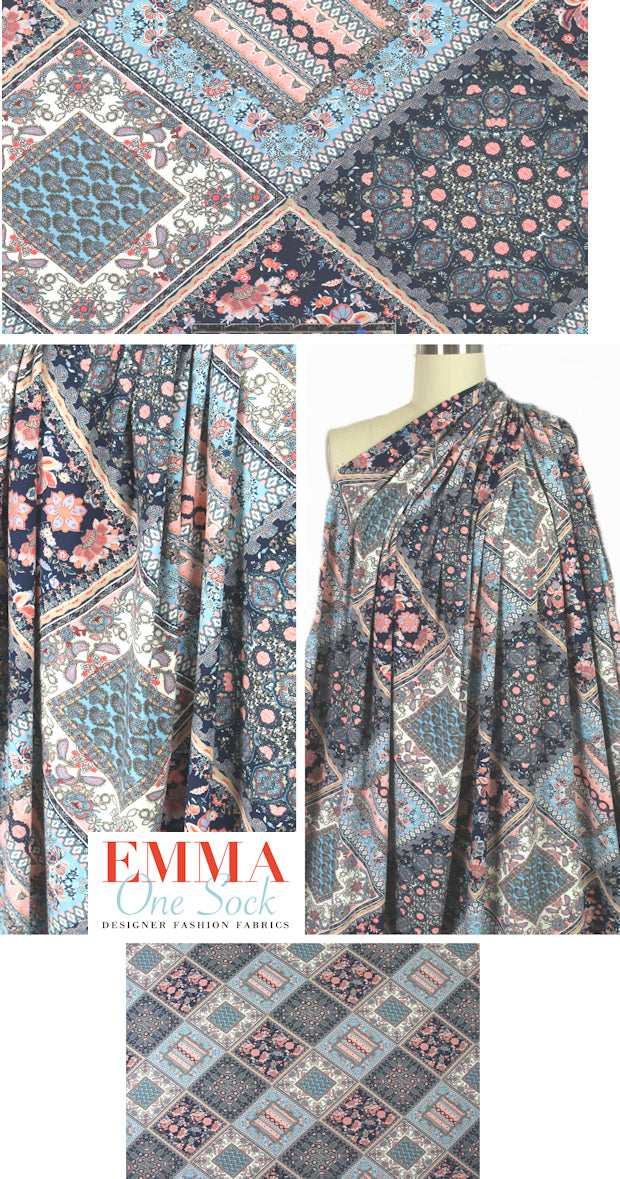 Italian digital viscose/elas knit - navy/pink patchwork