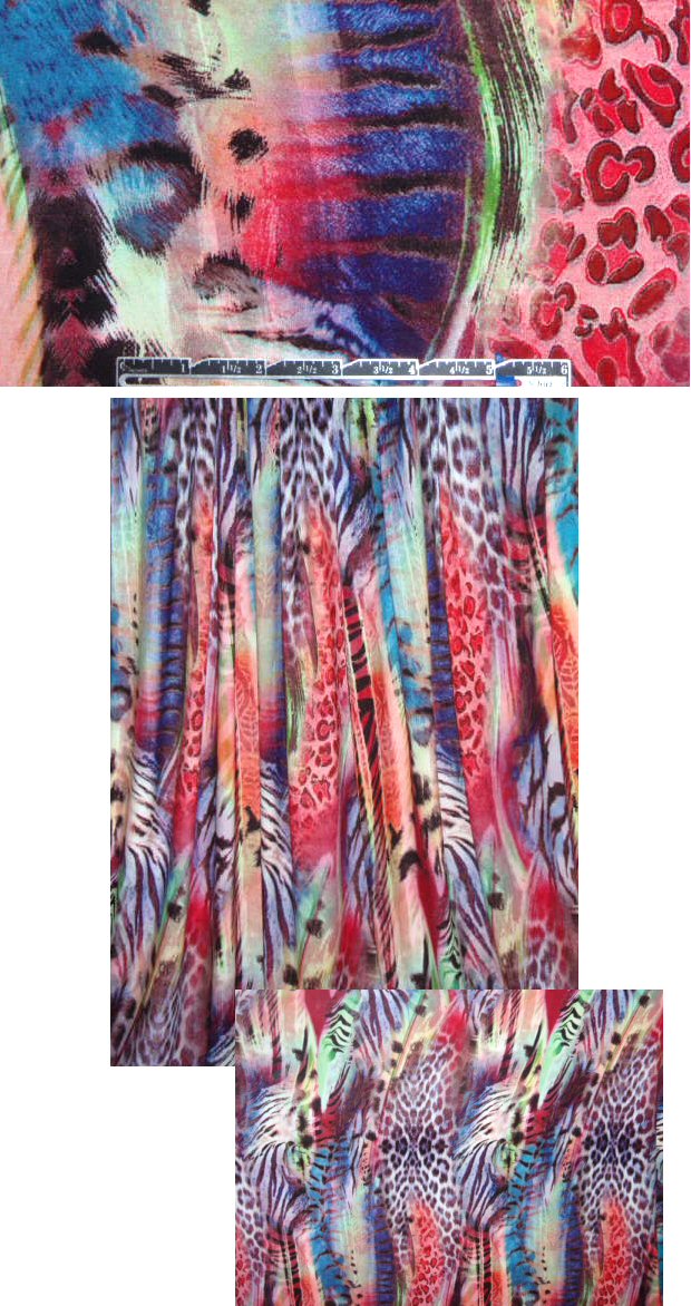 animal print montage rayon/lycra knit - rouge/turq 1.75 yds