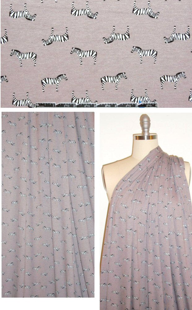 zebras on taupey gray rayon/lycra knit