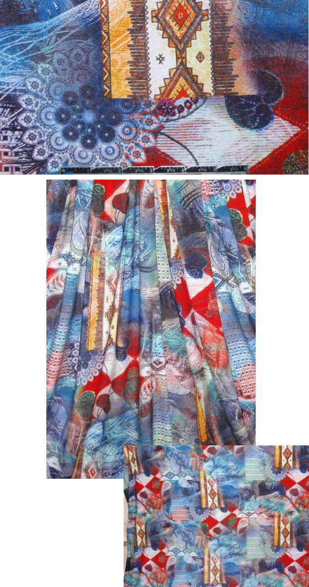 collage print rayon/lycra knit - denim/red