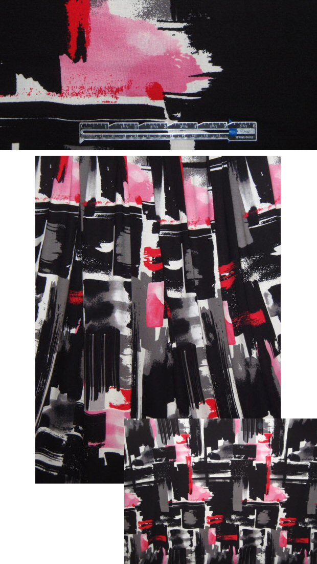 color block abstract rayon/lycra knit - red/pink/gray .875 yds