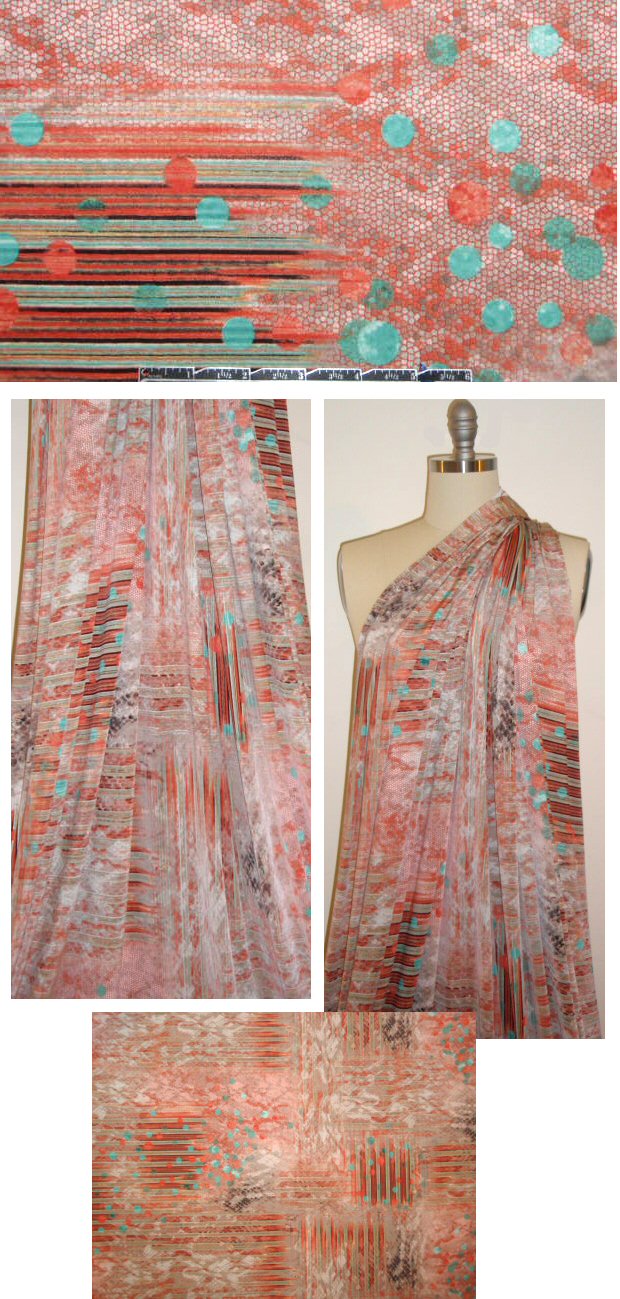stripe/dot montage poly/lycra knit - coral/jade