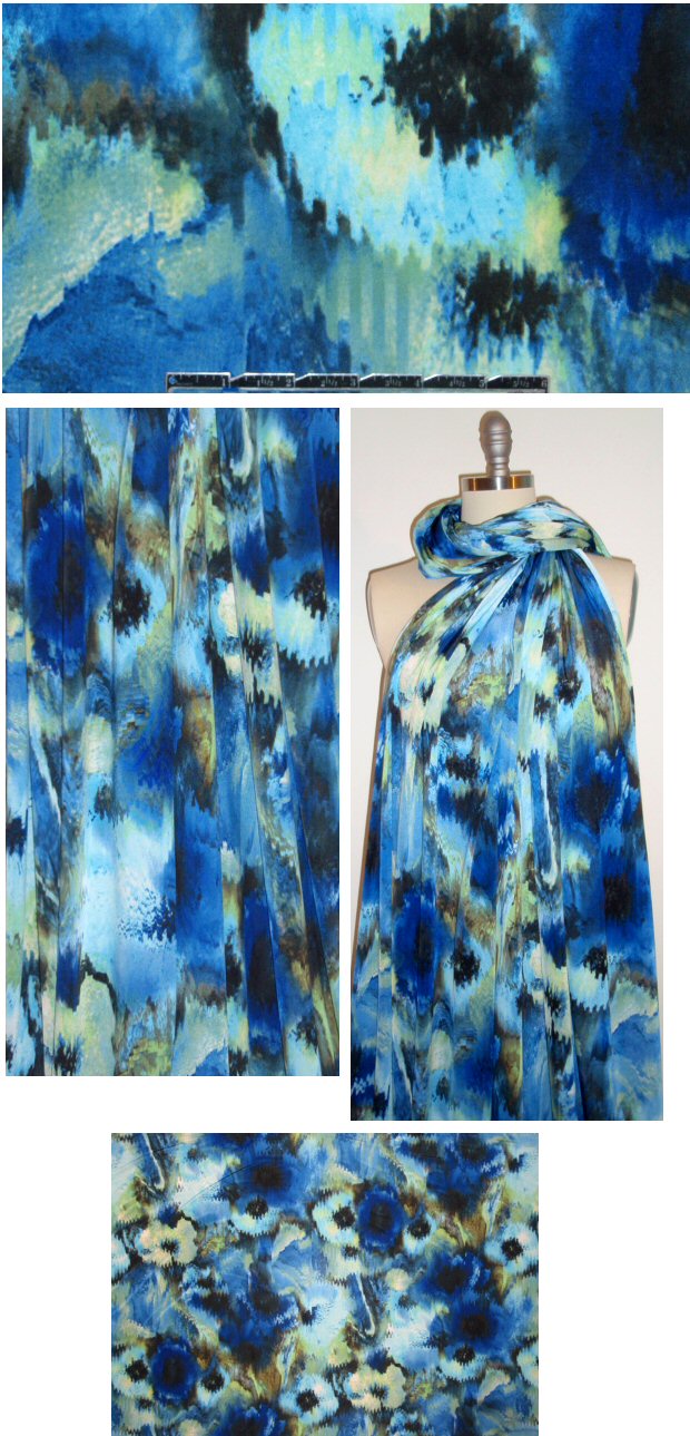 painterly poppies poly/lycra knit - blue/green