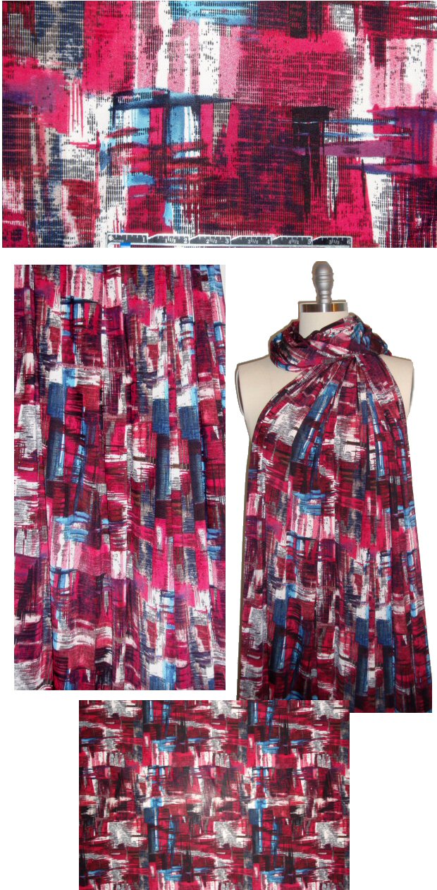 wine/blue crosshatch abstract poly/lycra knit 1.375 yd