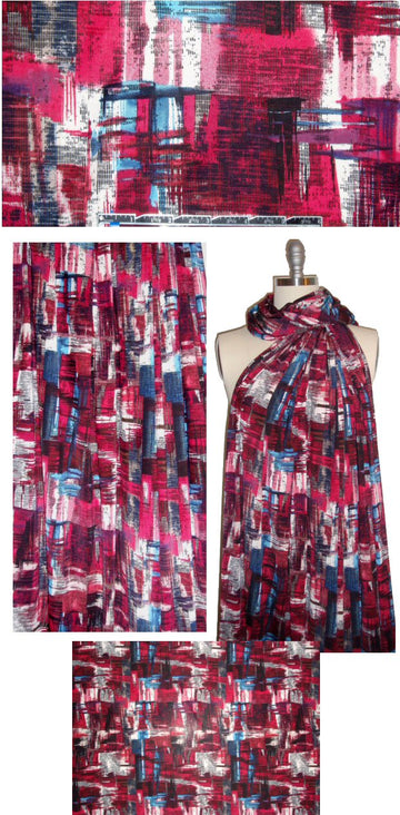 wine/blue crosshatch abstract poly/lycra knit 1.625 yd