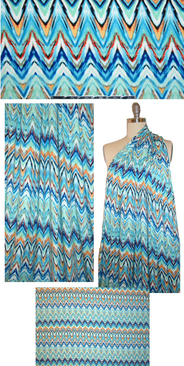 blue/red-orange chevron graphic rayon/lycra knit