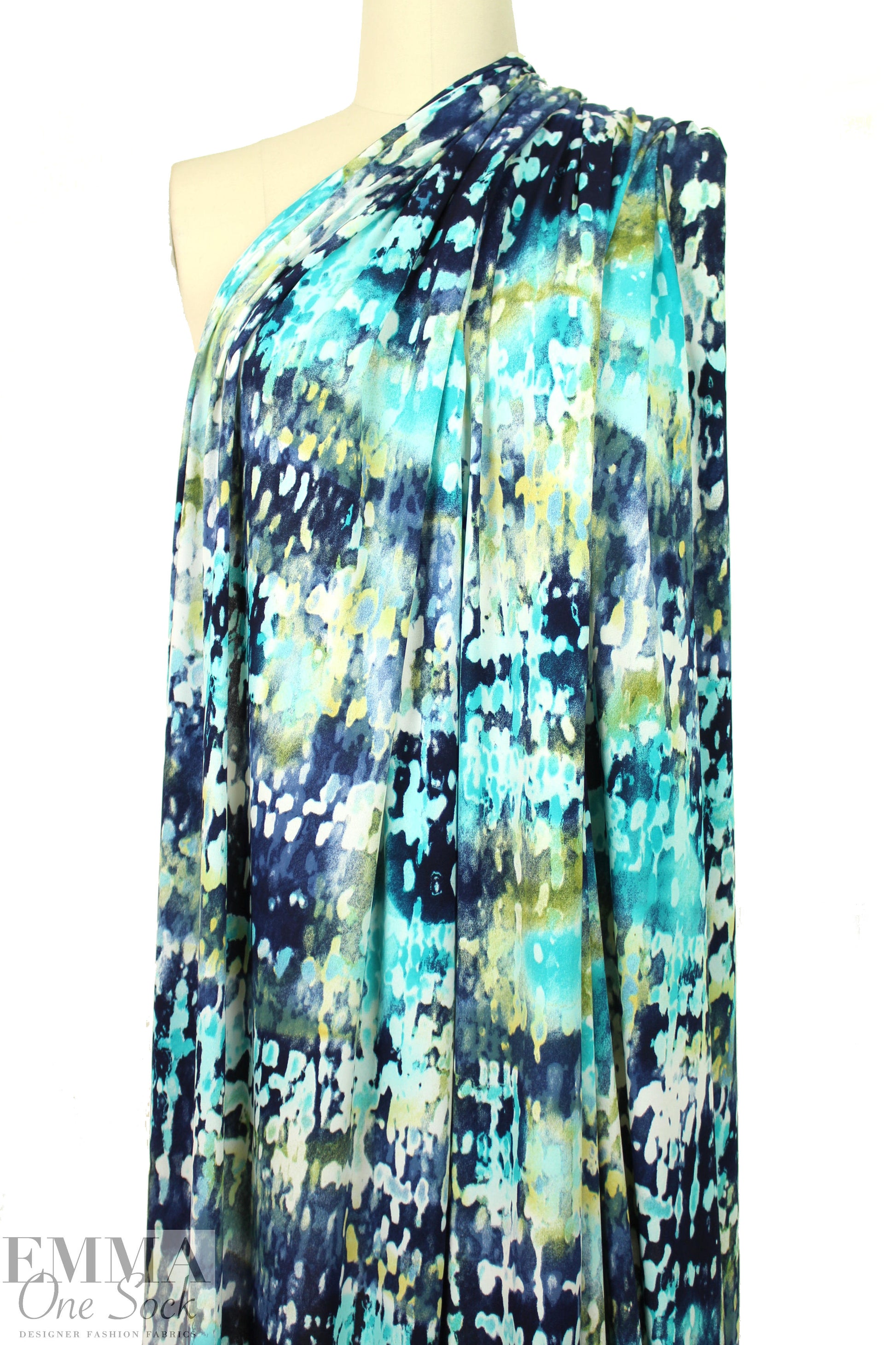 aqua/navy 'droplet' abstract poly/lycra knit 1.5 yd