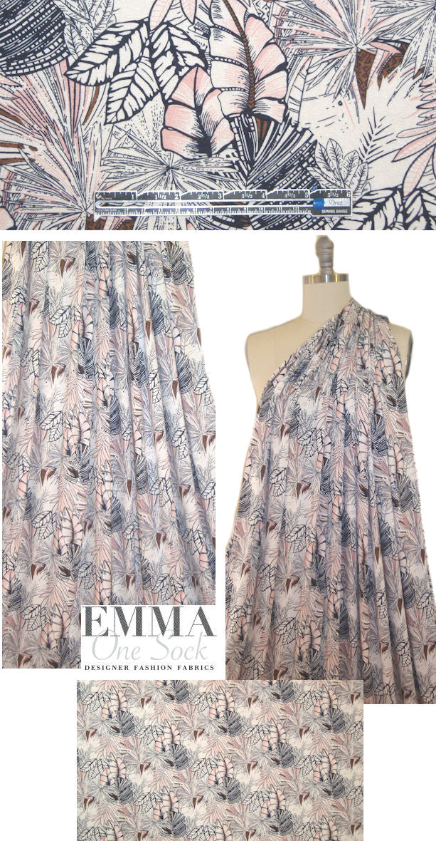 tropical floral rayon/lycra knit - navy/white/pink .875 yds