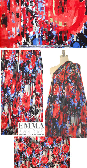 slatted floral rayon/lycra knit - red/blue/black