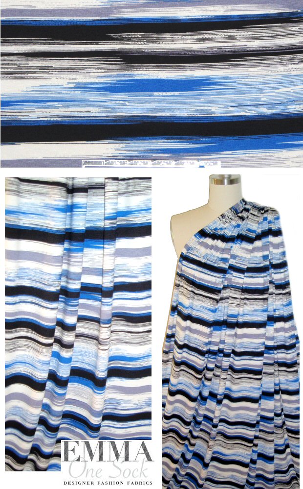cobalt/black/white stripey abstract rayon/spandex knit 1.66 yd