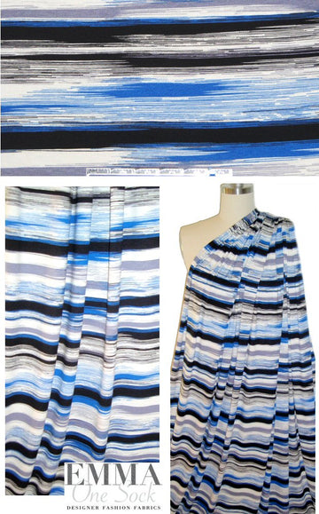 cobalt/black/white stripey abstract rayon/spandex knit 1.25 yd