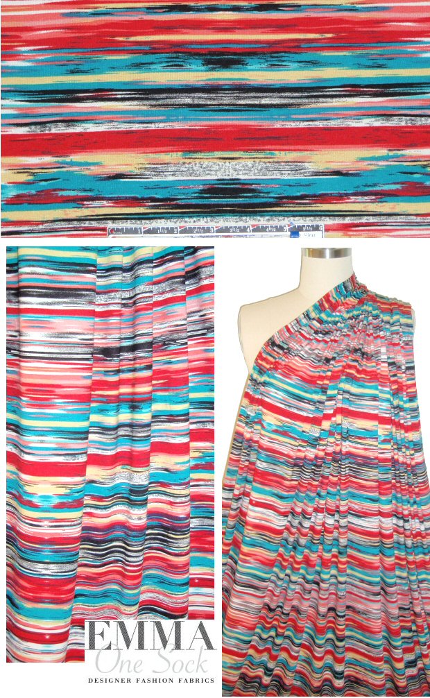 teal/red/maize stripey abstract rayon/spandex knit 1.375 yd