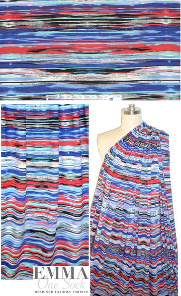 cobalt/red/aqua stripey abstract rayon/spandex knit 1.375 yd