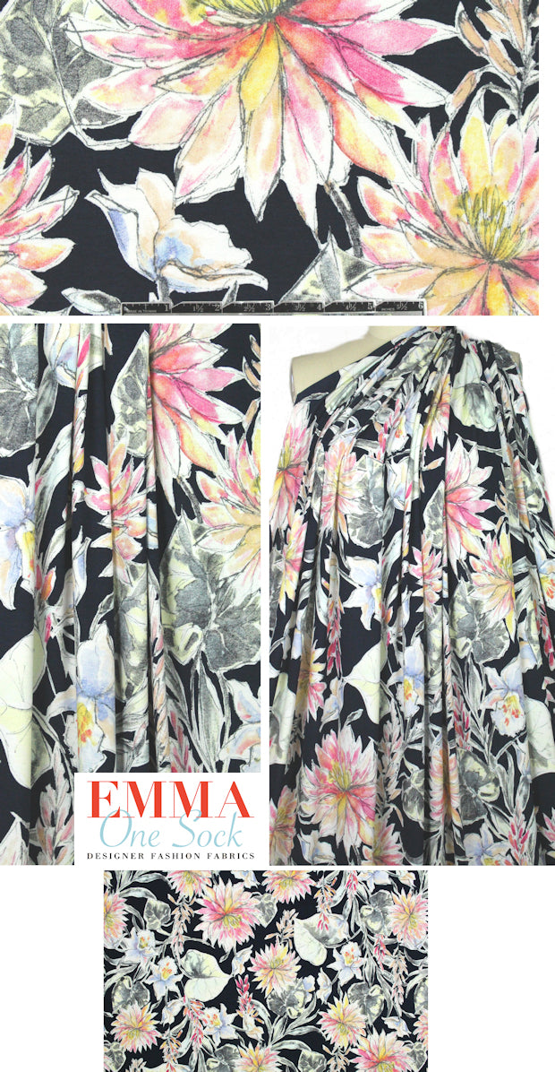 watercolor floral digital knit - pink, yellow, midnight 1.25 yds