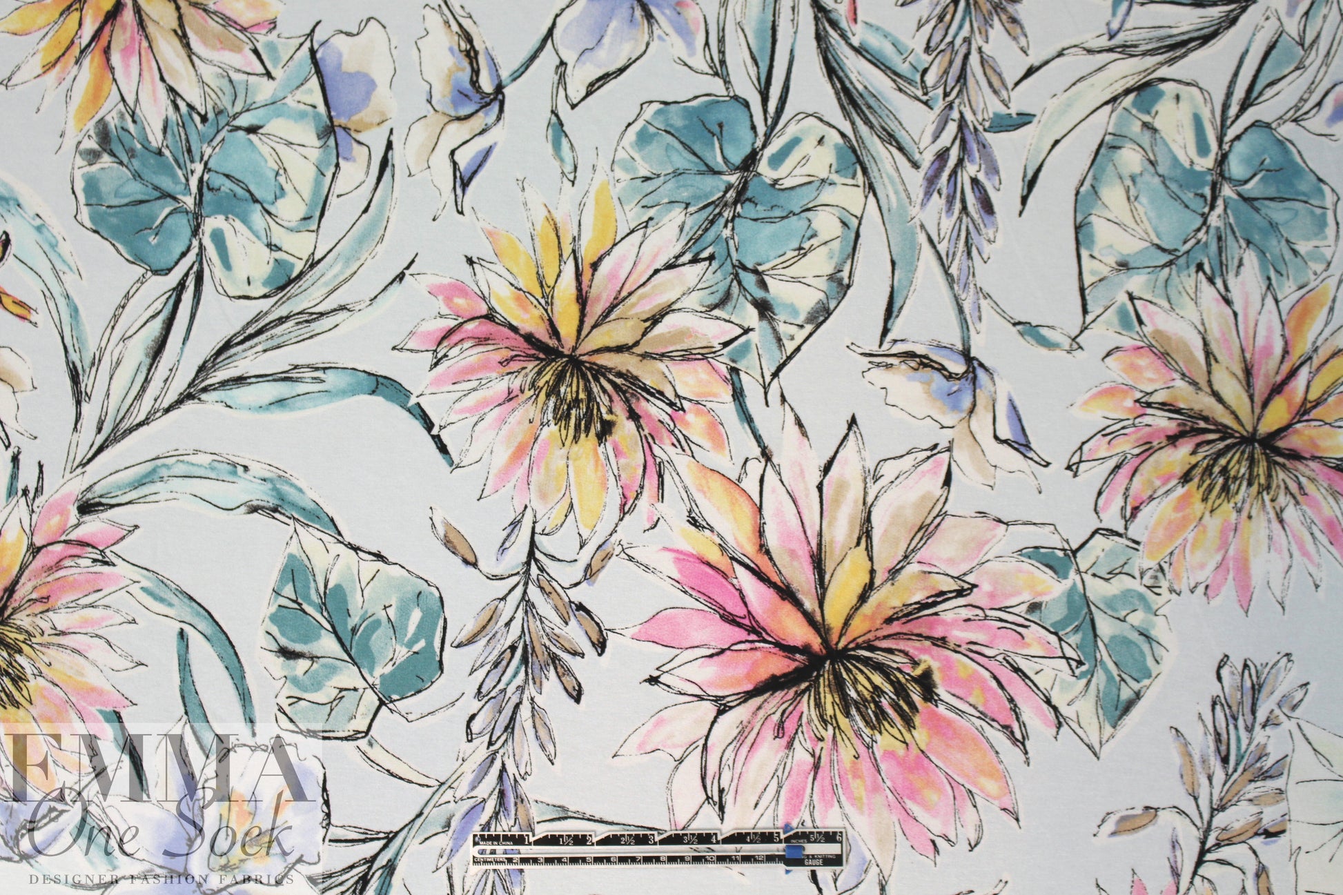 watercolor floral digital knit - soft pink and blue 1.5 yd