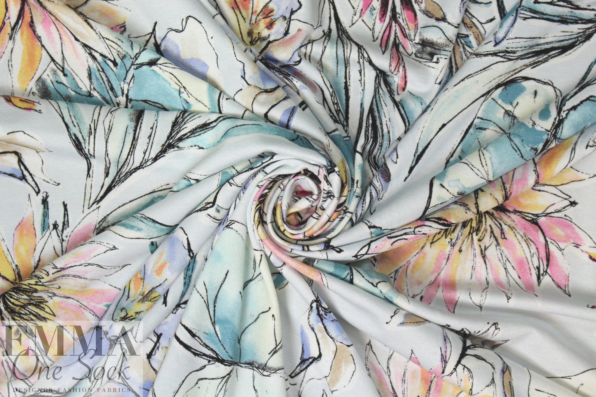 watercolor floral digital knit - soft pink and blue .875 yds