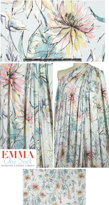 watercolor floral digital knit - soft pink and blue 1.375 yds