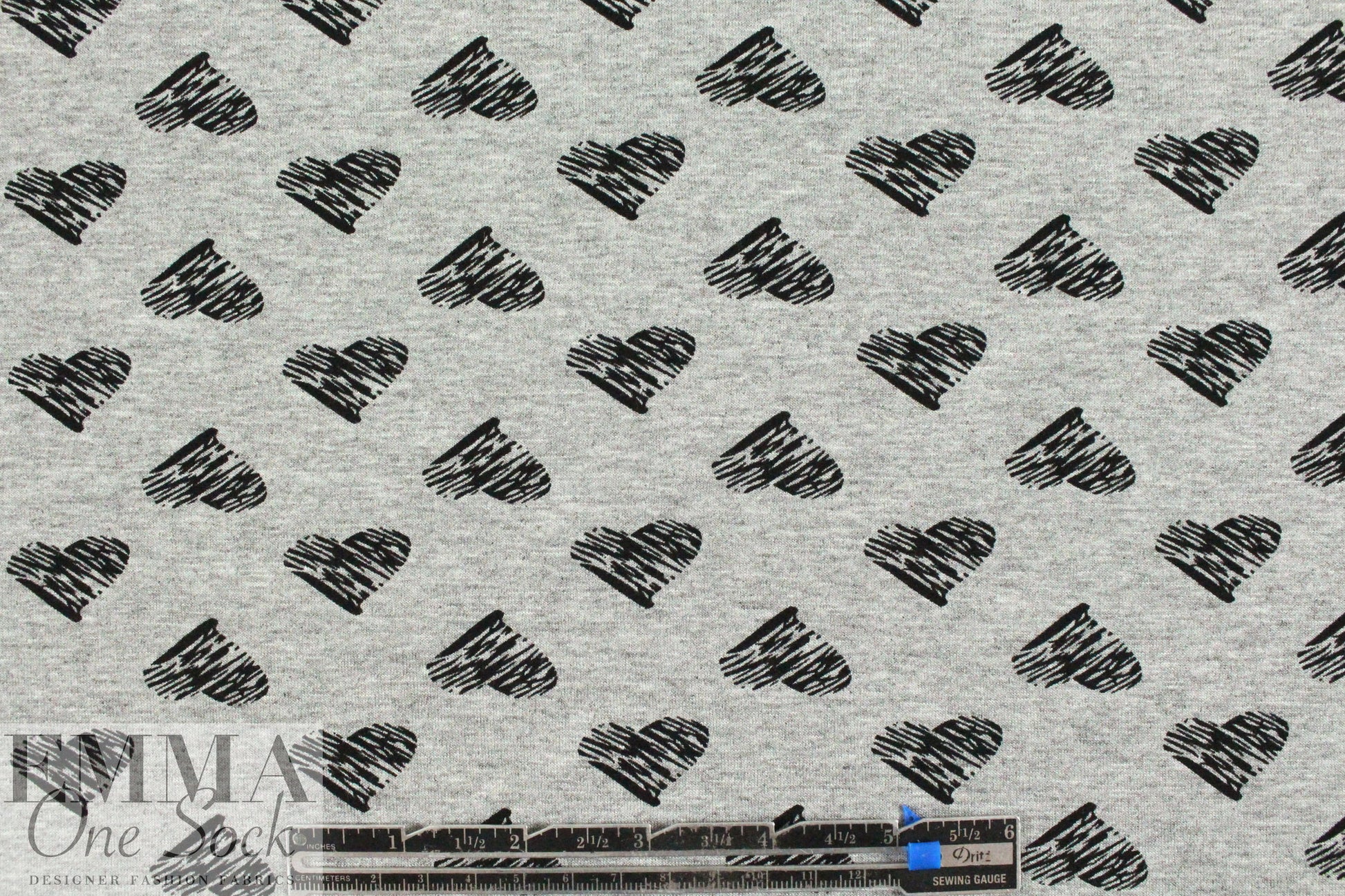 gray heather/black 'little hearts' rayon/spandex knit 1.625 yd