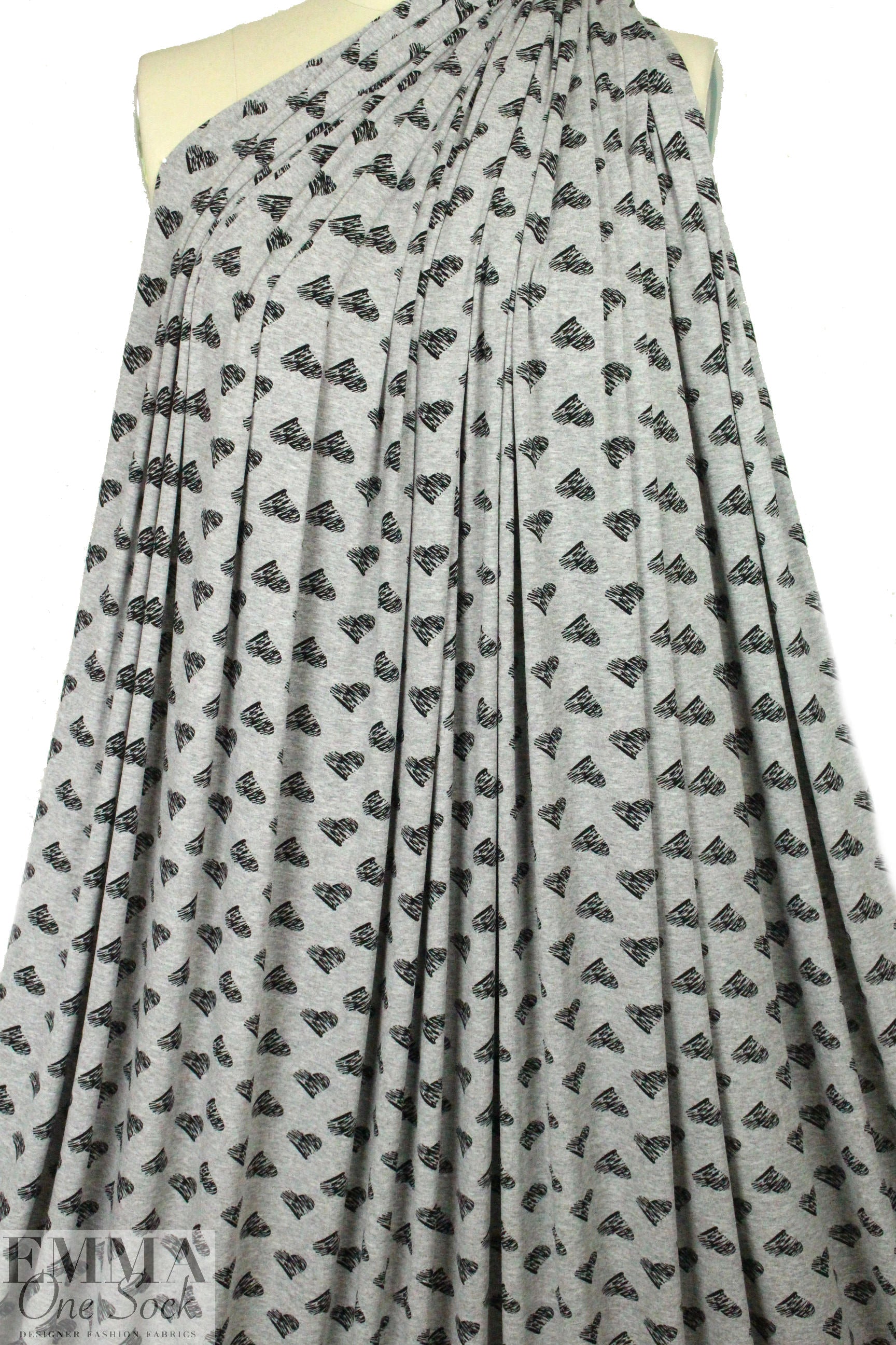 gray heather/black 'little hearts' rayon/spandex knit 1.625 yd