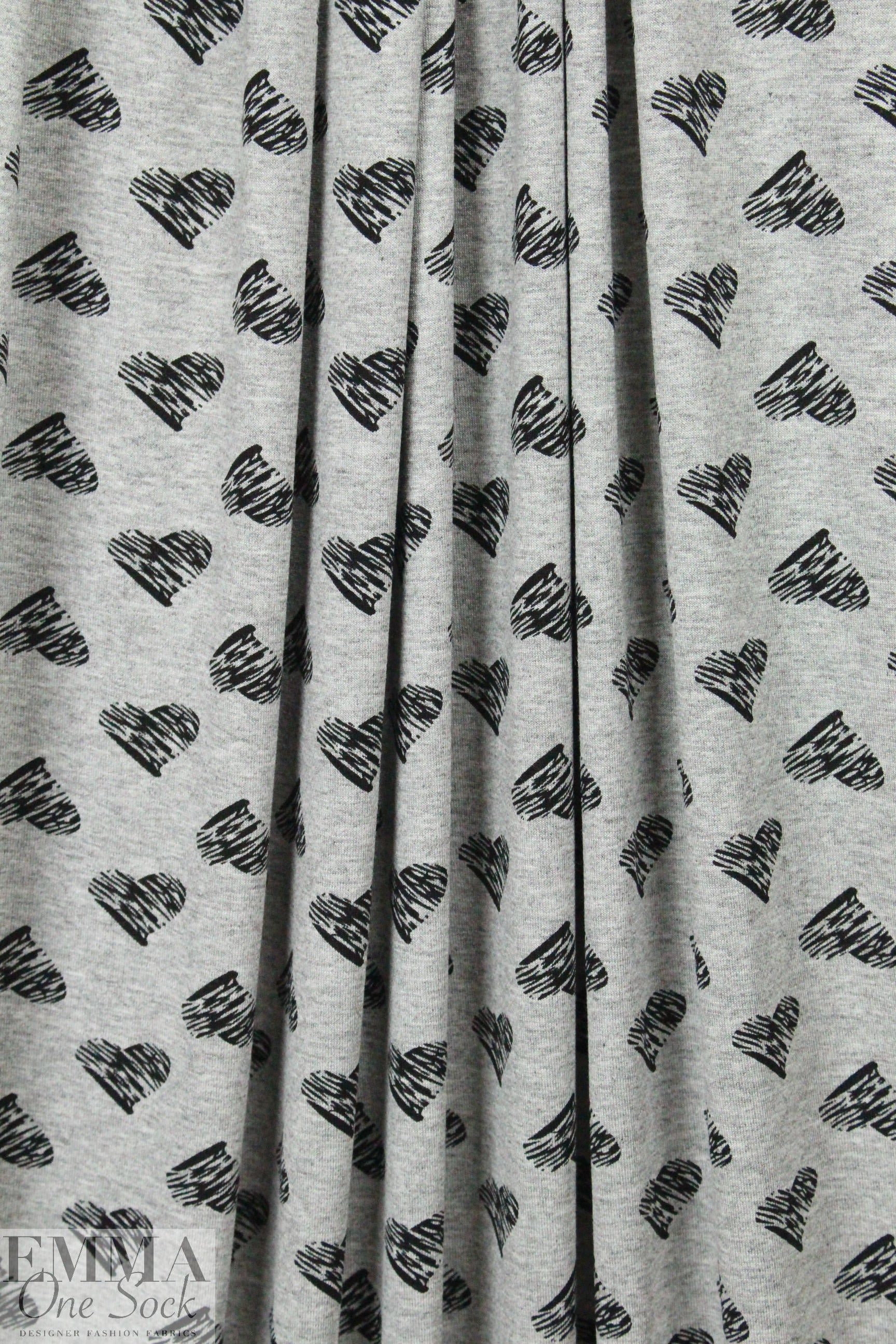 gray heather/black 'little hearts' rayon/spandex knit 1.625 yds