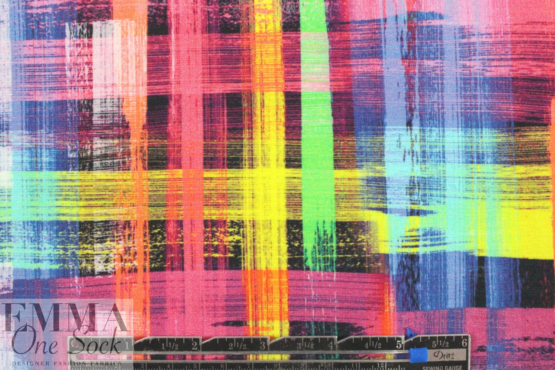 'technicolor grid' digital print rayon/spandex knit
