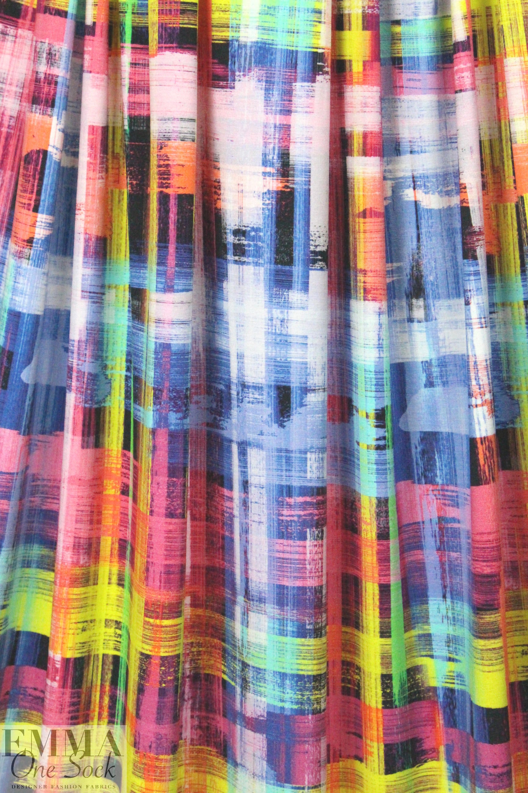 'technicolor grid' digital print rayon/spandex knit
