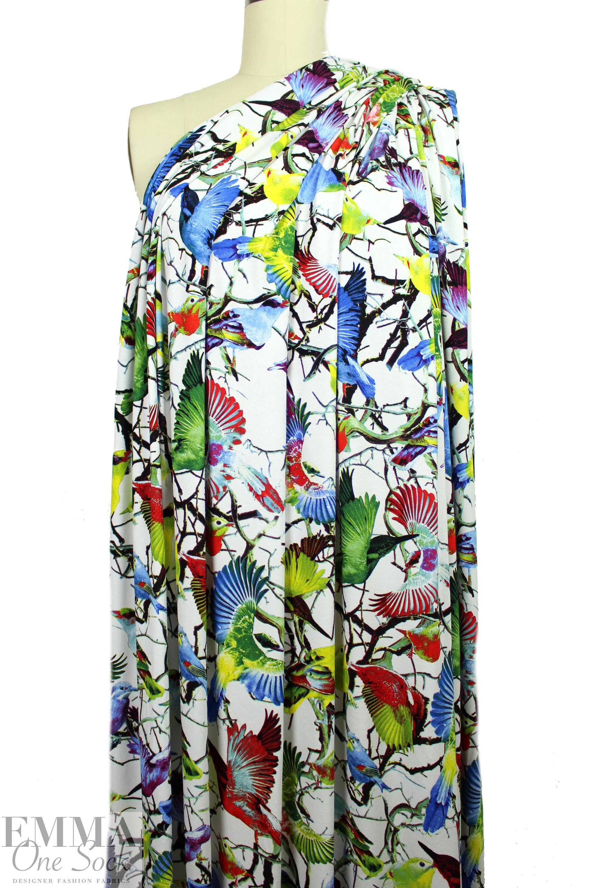 ornithology digital viscose knit - white 1.75 yd