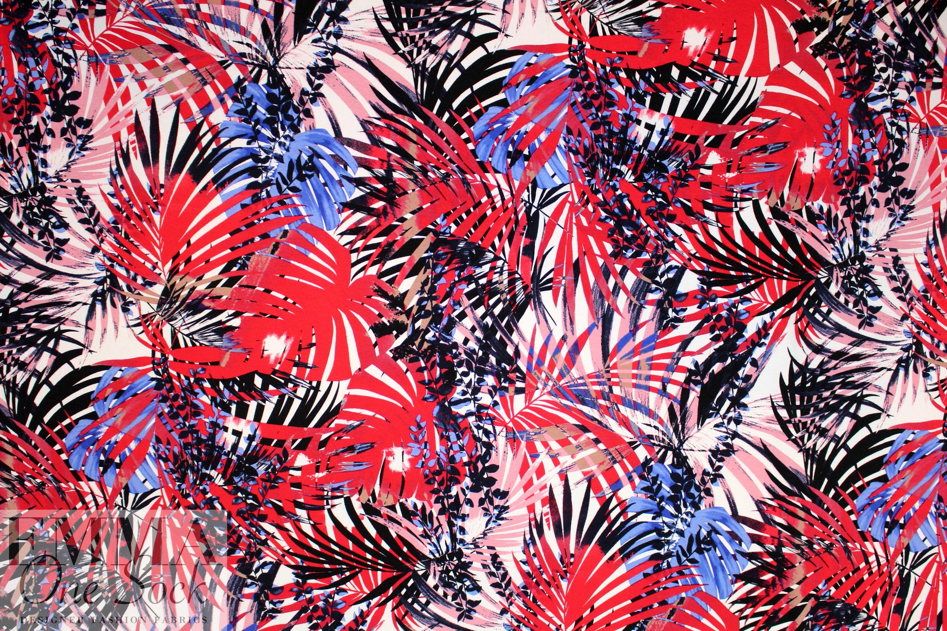 layered leaves digital viscose knit - red/blue 1.75 yds