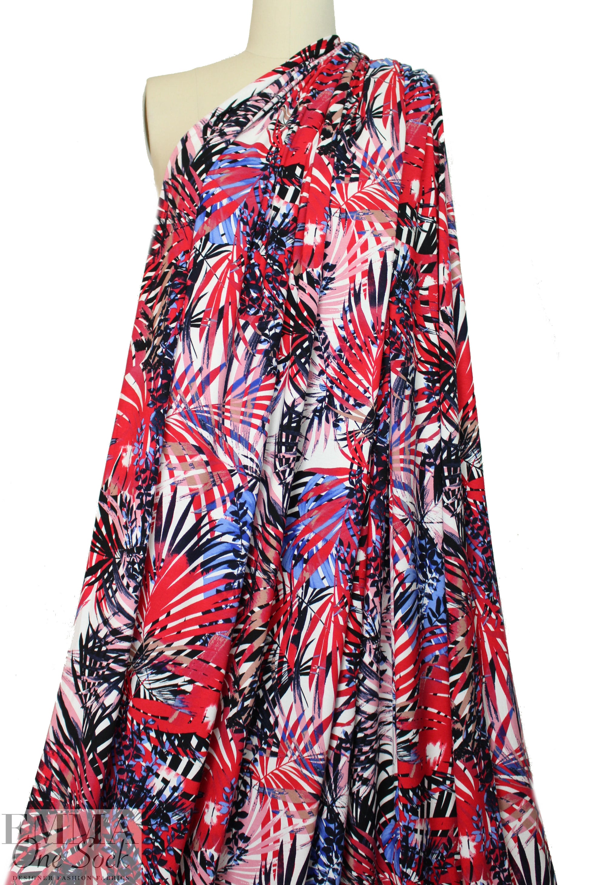 layered leaves digital viscose knit - red/blue 1.75 yd