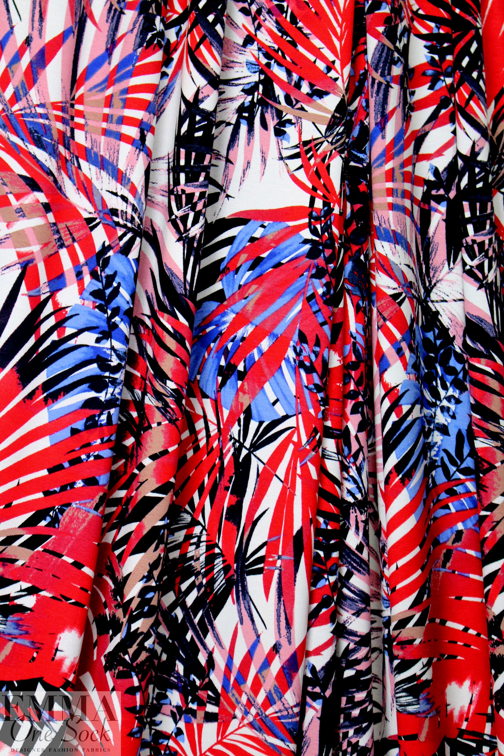 layered leaves digital viscose knit - red/blue 1.66 yd