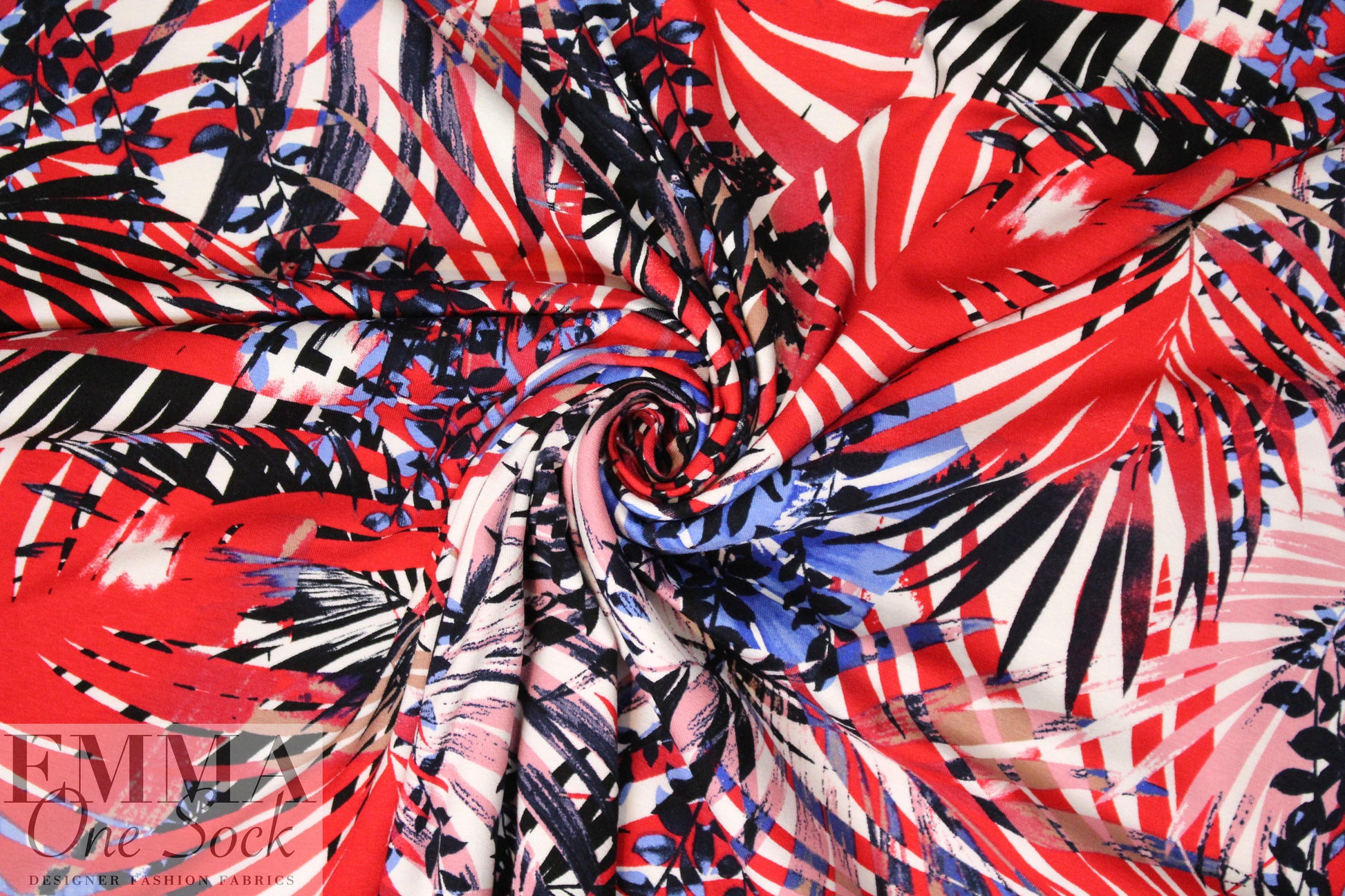 layered leaves digital viscose knit - red/blue 1.66 yd