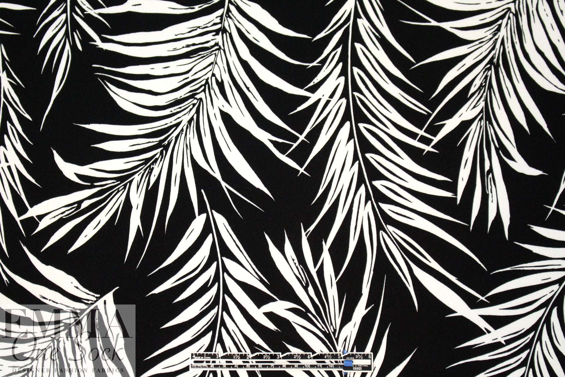 fern leaf silhouette digital viscose knit - black/white 1.375 yd