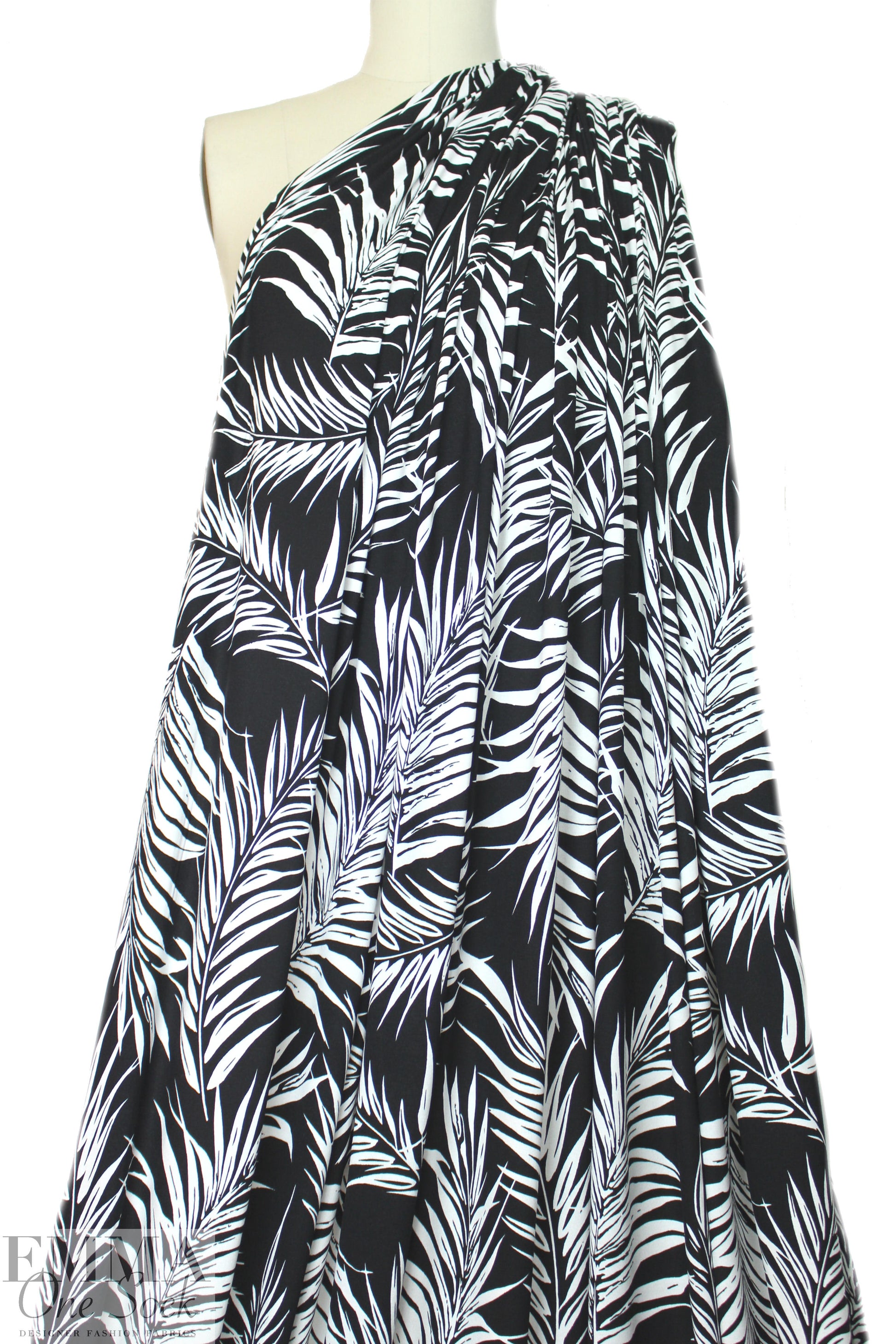 fern leaf silhouette digital viscose knit - black/white 1.375 yd