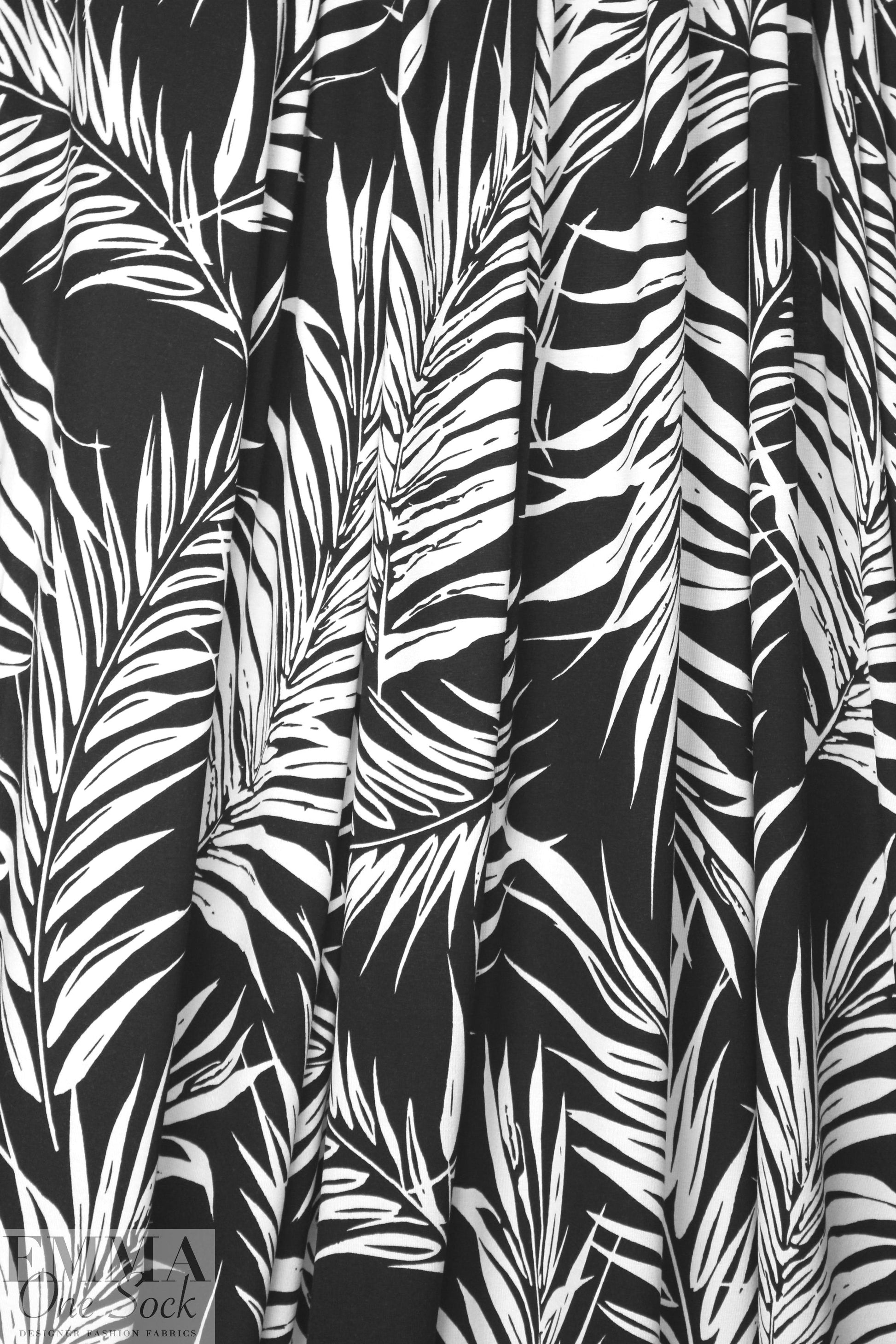 fern leaf silhouette digital viscose knit - black/white 1.375 yd