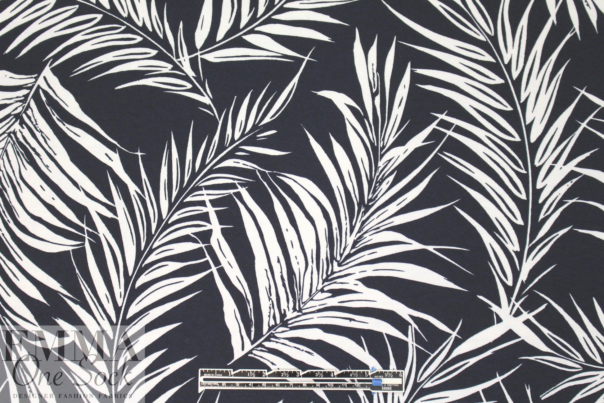fern leaf silhouette digital viscose knit - midnight/white 1 yard