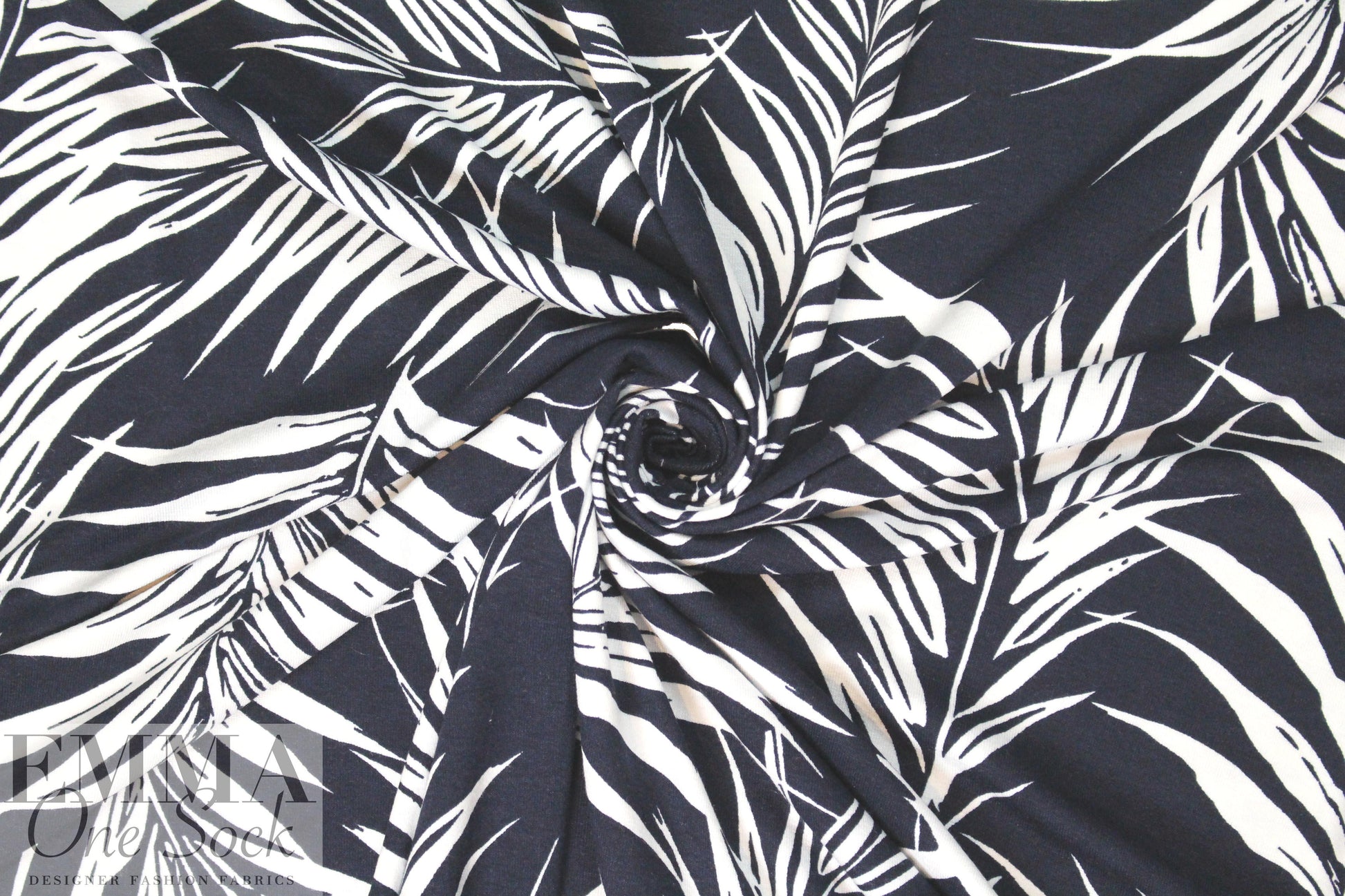 fern leaf silhouette digital viscose knit - midnight/white 1 yard
