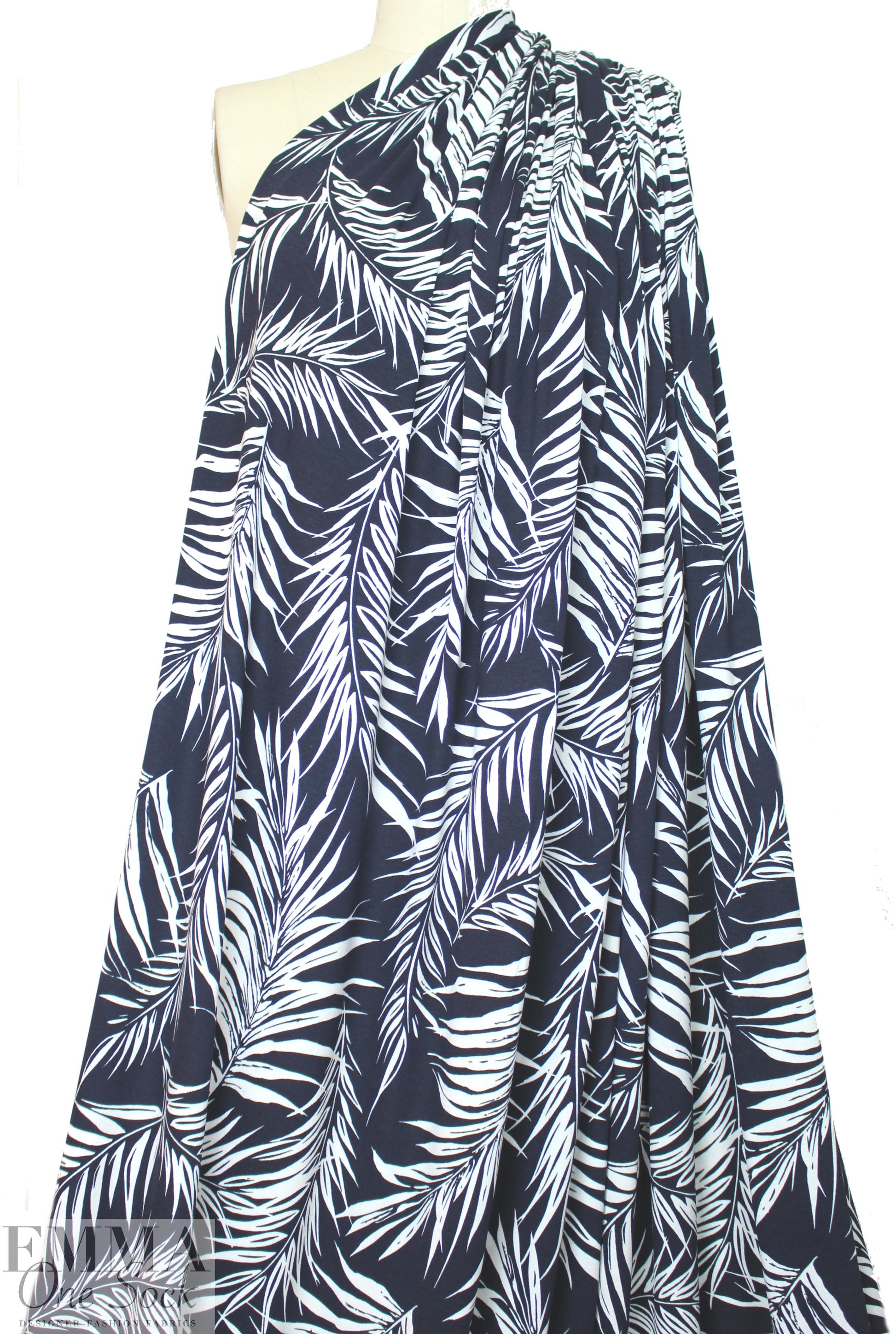 fern leaf silhouette digital viscose knit - midnight/white 1.875 yd
