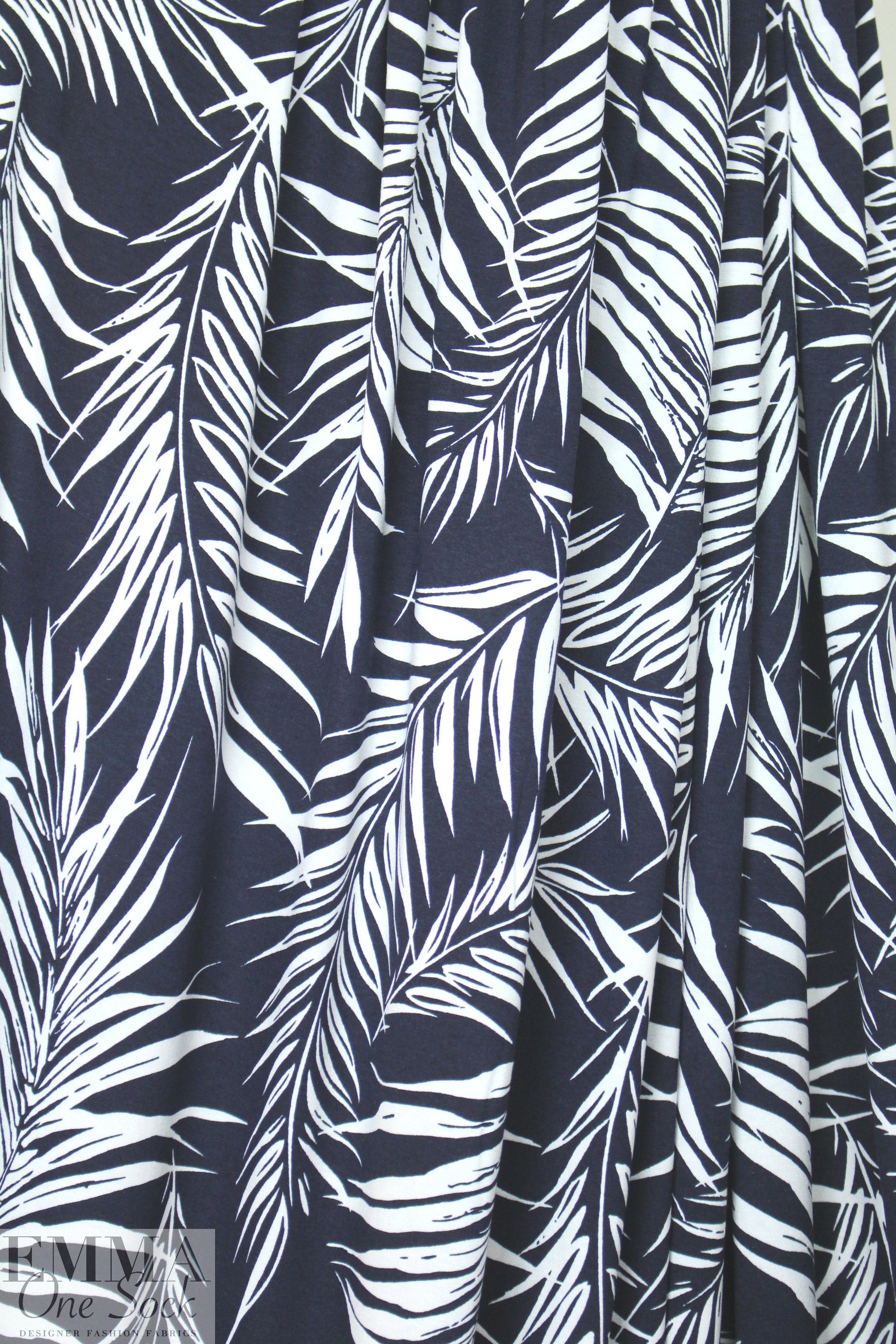 fern leaf silhouette digital viscose knit - midnight/white 1 yard