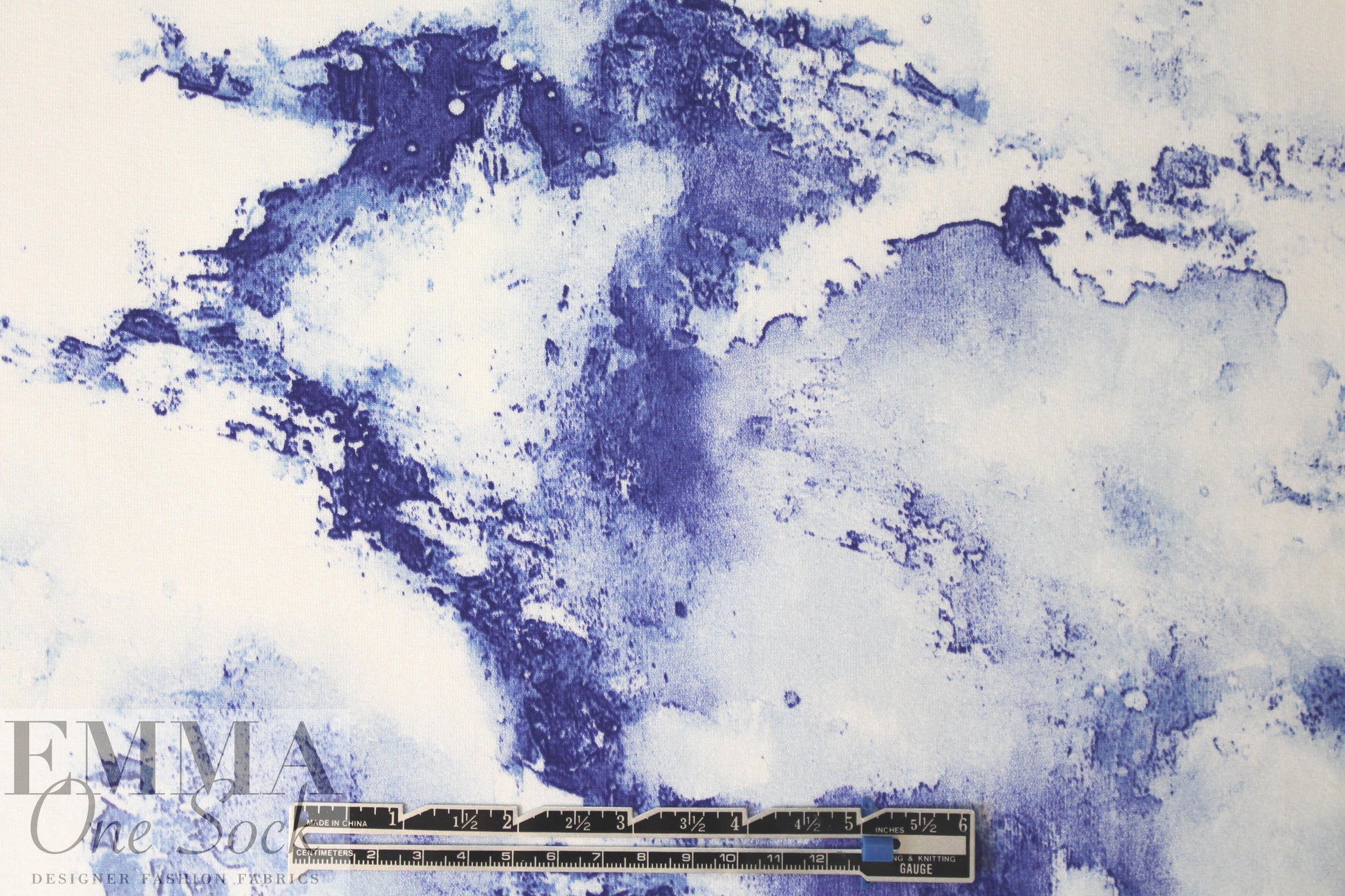 blue and white abstract digital viscose knit .75 yds