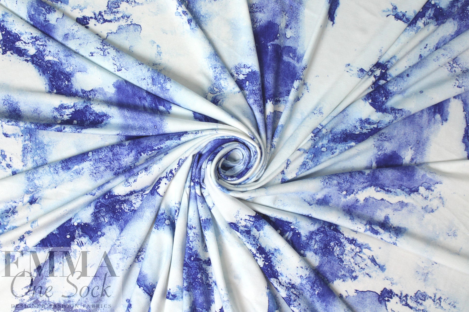 blue and white abstract digital viscose knit 1 yard