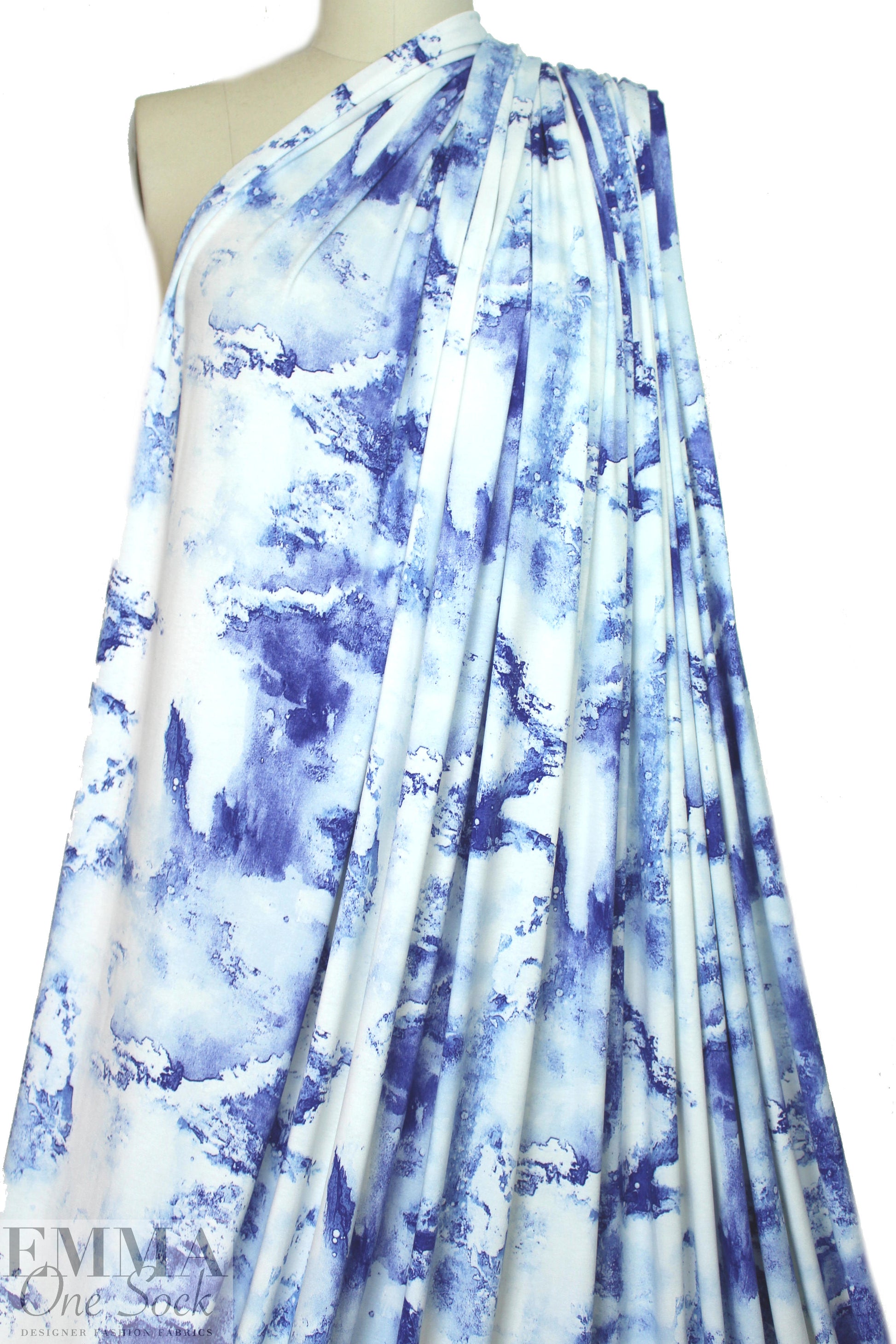blue and white abstract digital viscose knit