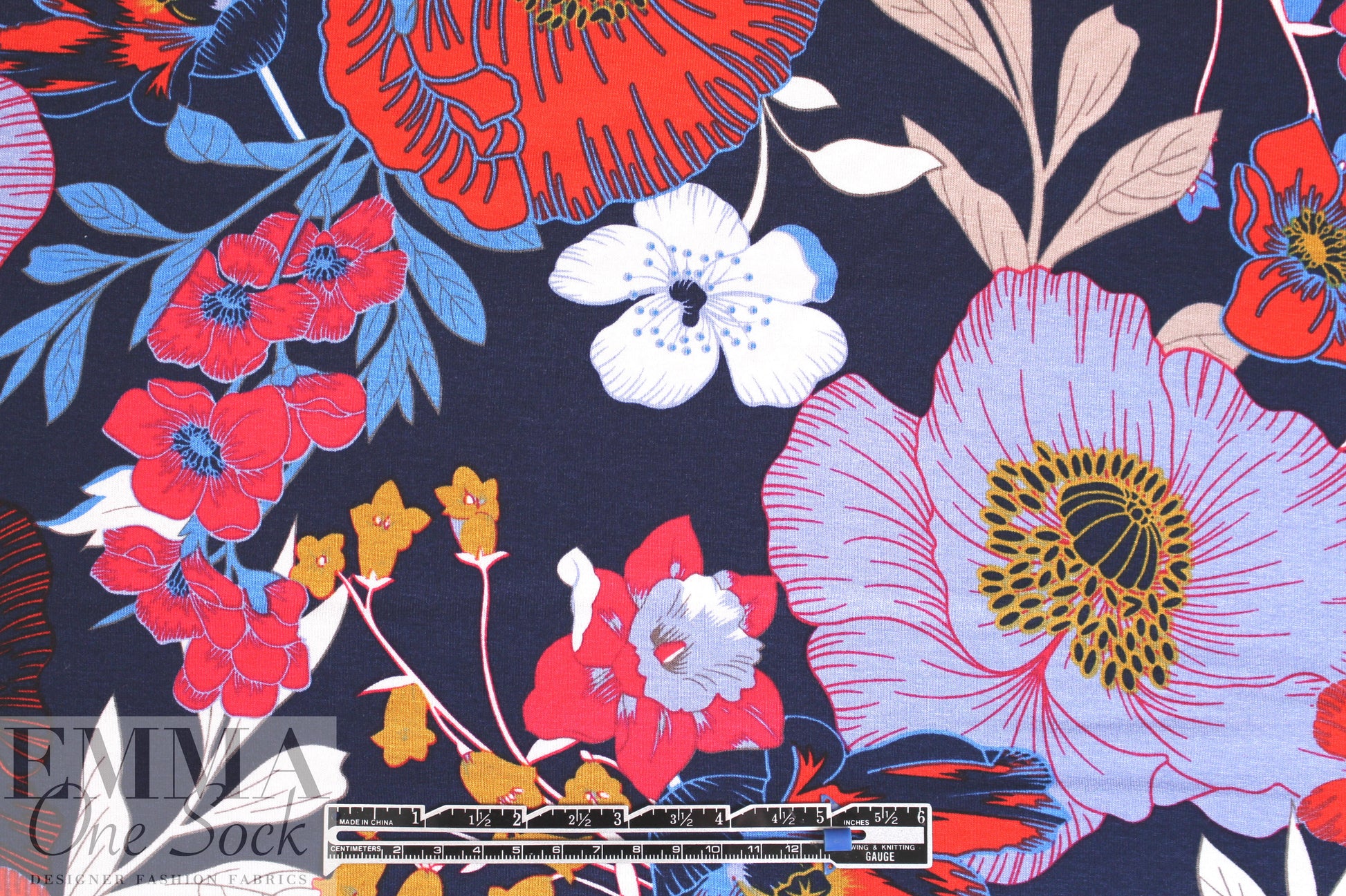liberty flowers digital viscose knit - red/blue/dijon .75 yds