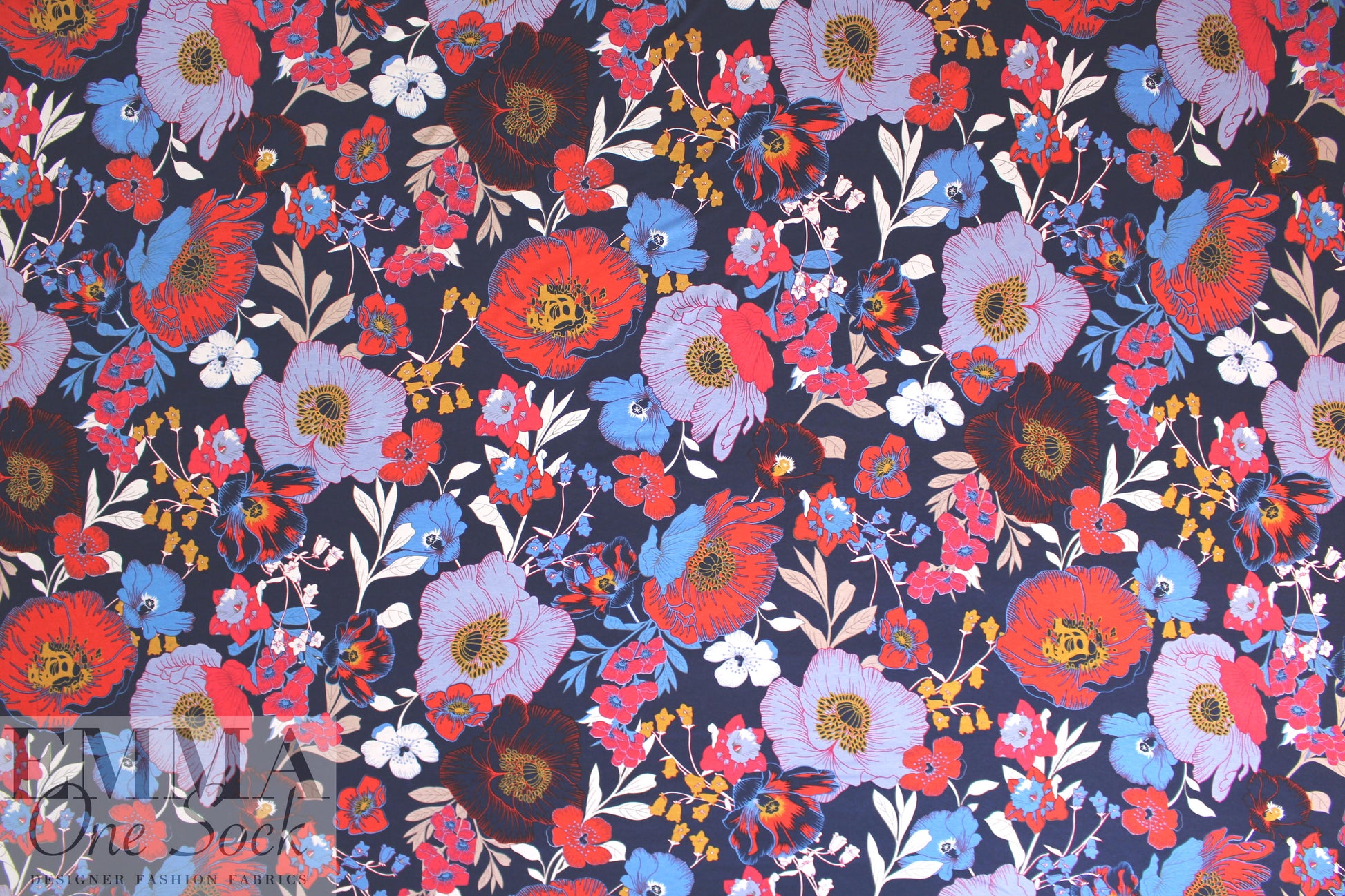 liberty flowers digital viscose knit - red/blue/dijon 1.625 yd